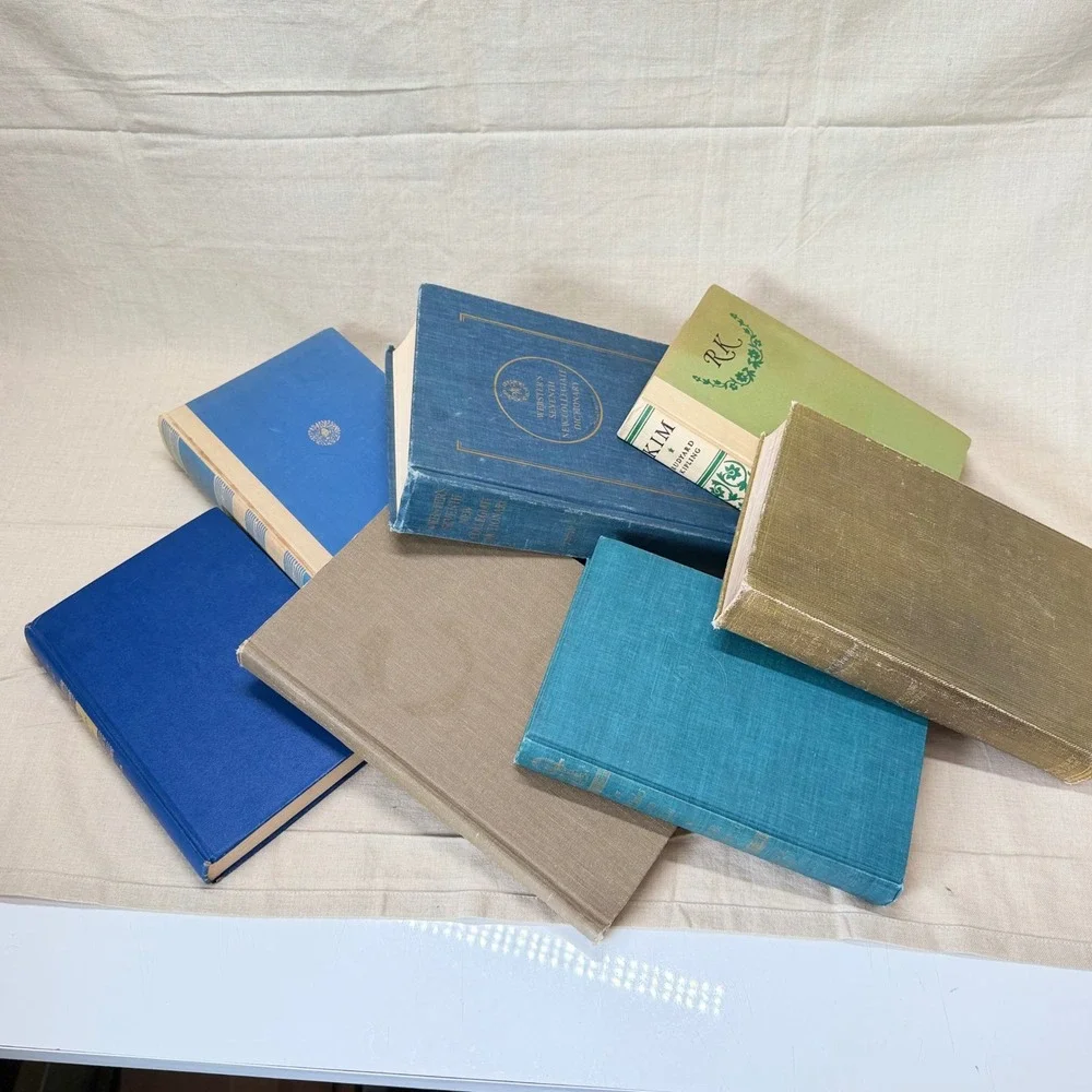 Vintage Blue and Neutral Decorative Book Bundle Set of 7 Hardcover Books Decor